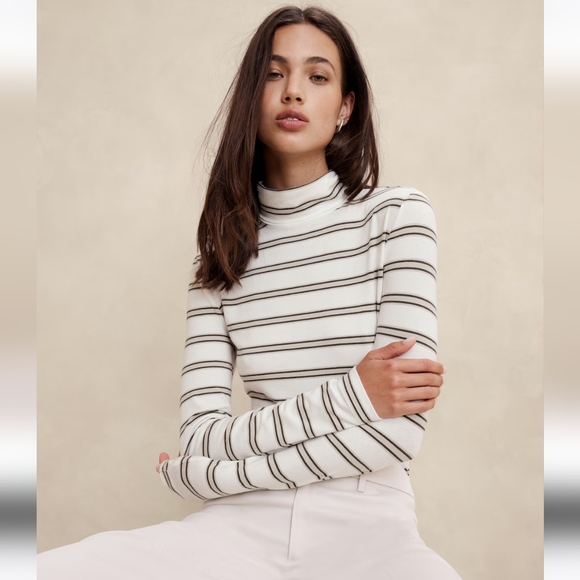 Banana Republic Timeless Turtleneck Top, Light Grounded Stripe, S - Picture 2 of 3